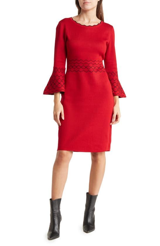 Nina Leonard Scalloped Jewel Neck Bell Sleeve Sweater Dress In Red/ Black