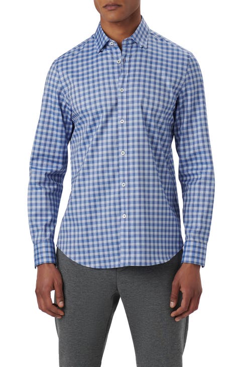 Michael Kors Men's Slim-Fit Trim Stretch Gingham Shirt in Sea Blue-XS 