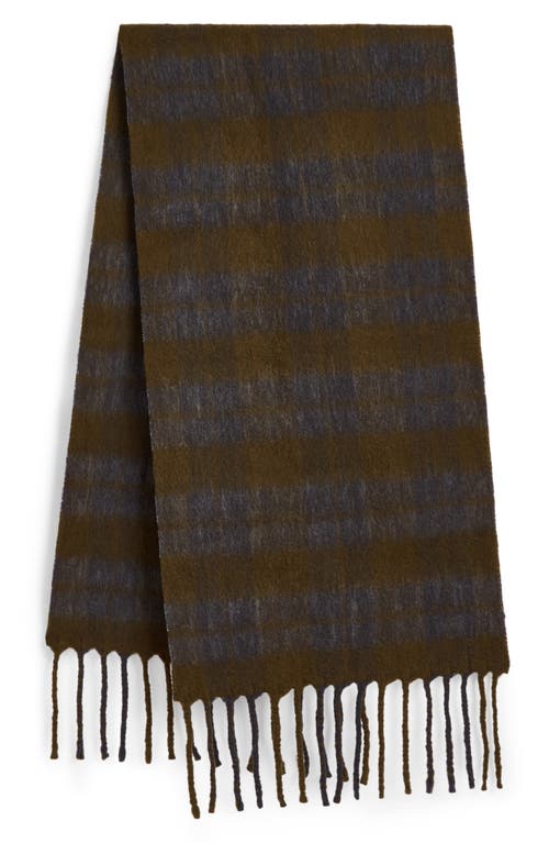 Shop Allsaints Plaid Fringe Brushed Wool Blend Scarf In Khaki Mist