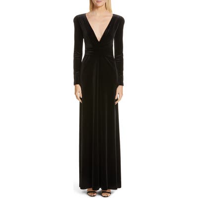 Emporio Armani Plunge Neck Long Sleeve Velvet Gown, US / 40 IT - Black