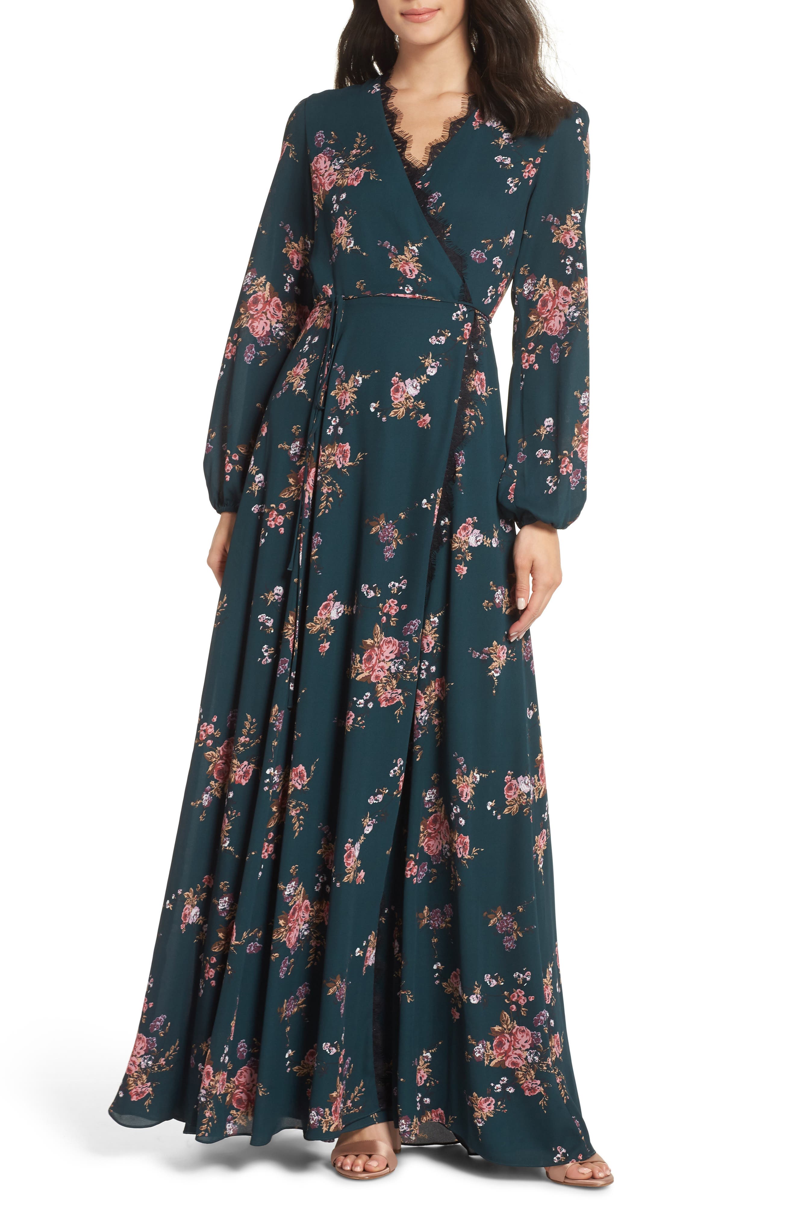 Wayf The Violet Floral Print Wrap Gown, Blue