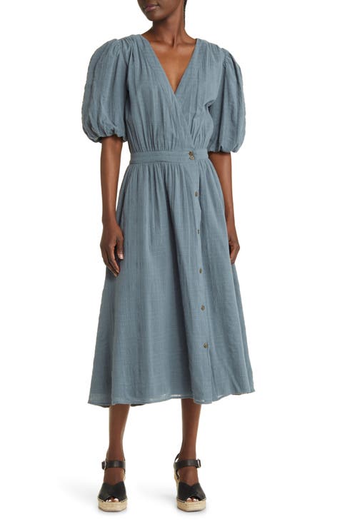 Puff Sleeve Cotton Wrap Dress