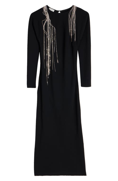 Dries Van Noten Davion Crystal Chain Raw Hem Long Sleeve Midi Dress In Black