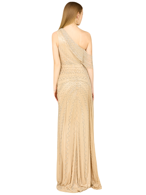 Shop Lara New York Beaded One Shoulder Dress With Train In Nude