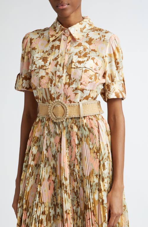 Shop Zimmermann Pop Pleated Midi Shirtdress In Gold/peach Floral