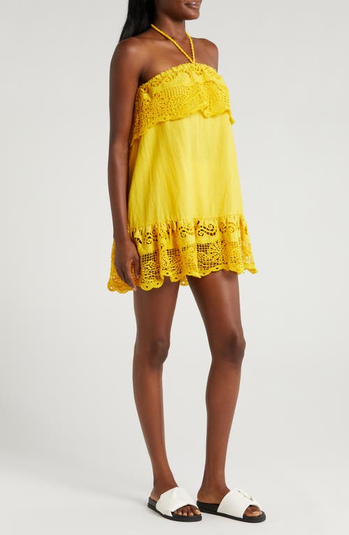 Shop Farm Rio Guipure Lace Halter Linen Blend Cover-up Minidress In Yellow