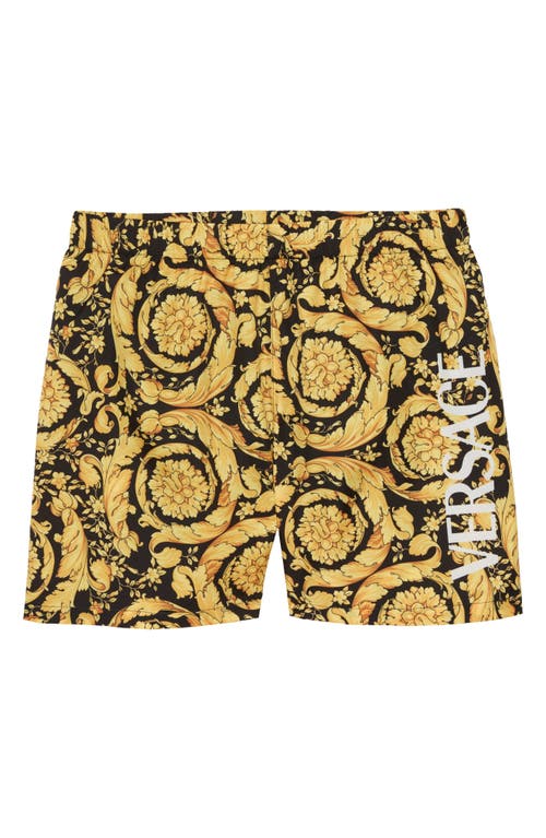 Versace Kids' Barocco Print Swim Trunks in Nero Oro at Nordstrom, Size 12Y