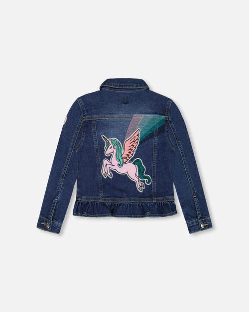 Shop Deux Par Deux Girl's Stretch Denim Jacket With Unicorn In Navy Denim