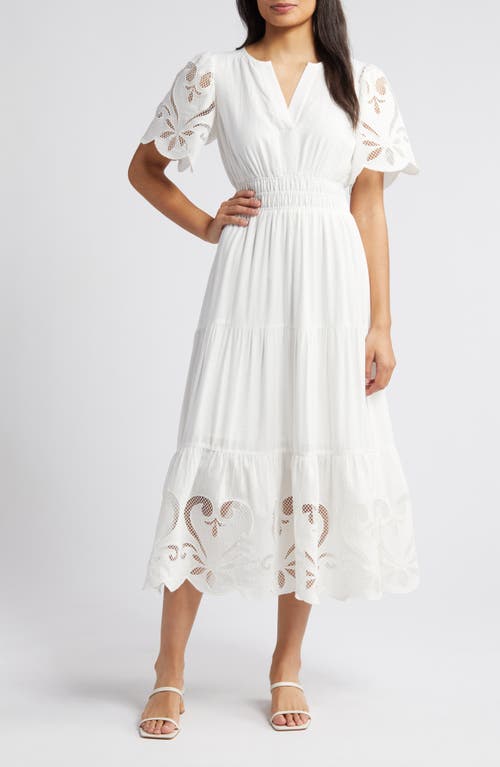 Lace Detail Tiered Midi Dress in White