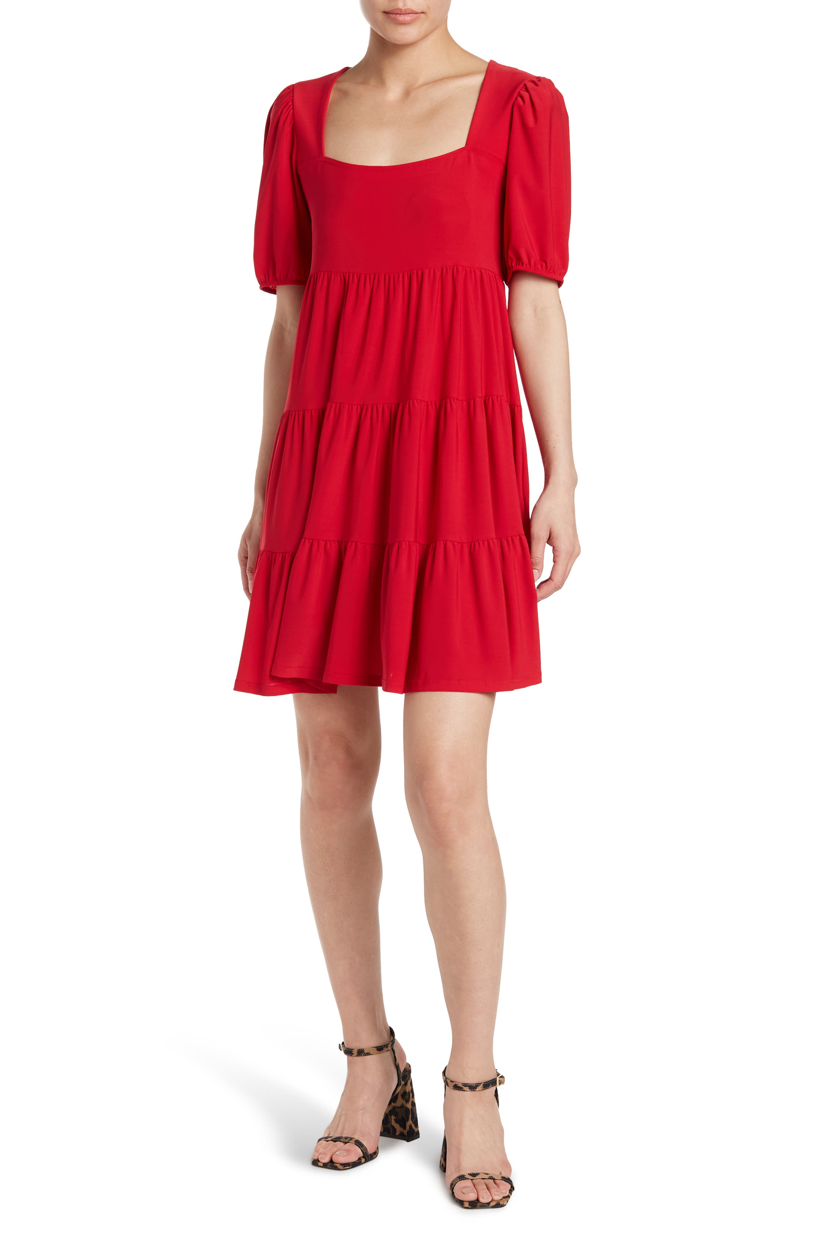 Tash And Sophie Tash + Sophie Square Neck Tiered Dress In Red | ModeSens