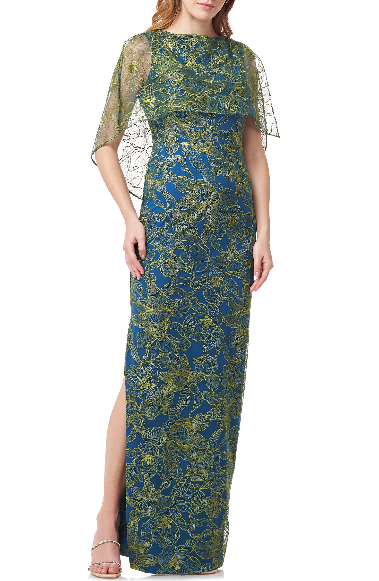 JS Collections Regina Leaf Embroidery Capelet Column Gown | Nordstrom