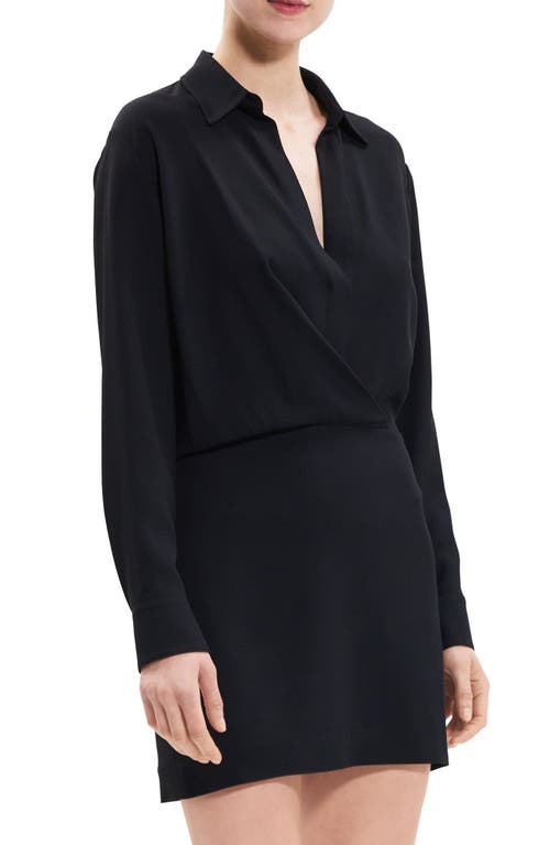 Rosi Long Sleeve Faux Wrap Mini Shirtdress in Black