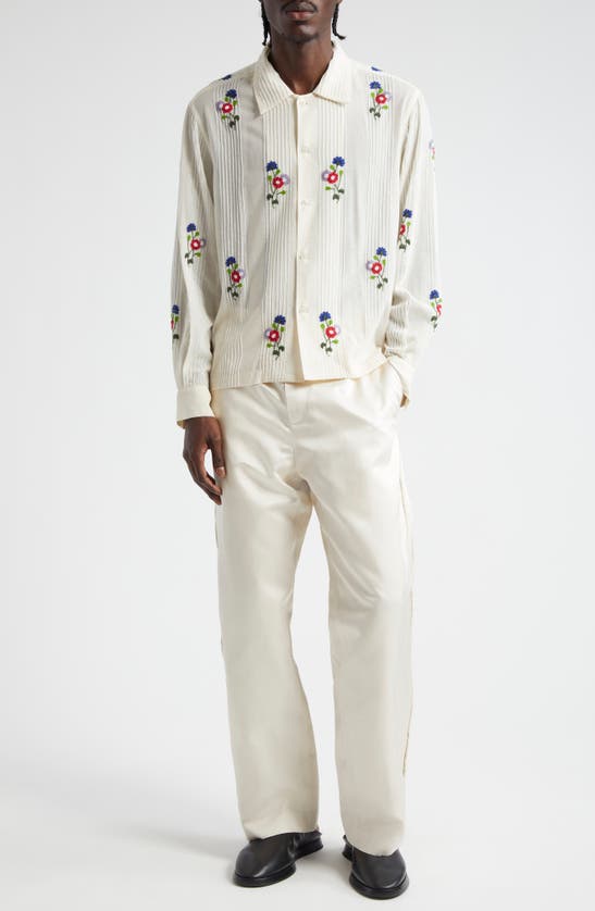 Shop Bode Beaded Wildflower Long Sleeve Cotton Button-up Shirt In White Multi