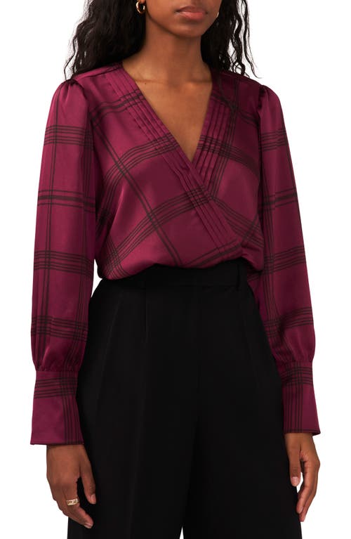 halogen(r) Pintuck Pleated Plaid Wrap Front Blouse in Grape Wine