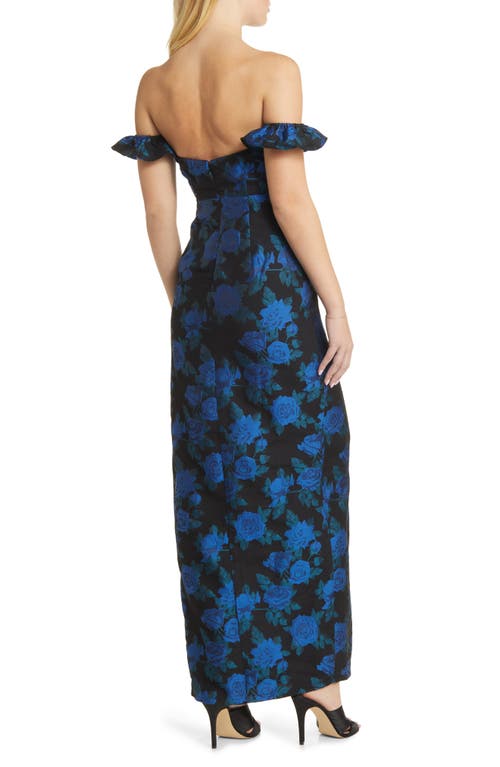 Shop Lulus Exceptional Occasion Floral Jacquard Off The Shoulder Gown In Black/blue