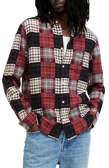Allsaints Patchi Patchwork Checked Relaxed Shirt In Sangria Red