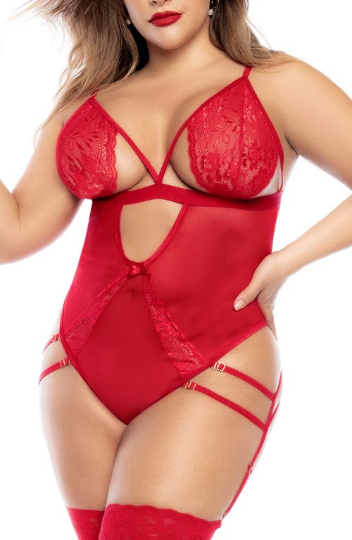 Mapale Cutout Lace Teddy & Garter Straps Red at Nordstrom,