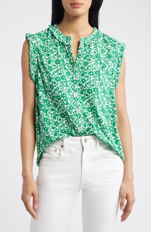 Olive Floral Ruffle Accent Sleeveless Button-Up Shirt in Green Tambourine