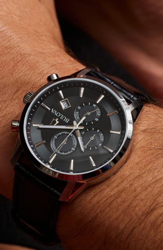 Bulova Men's Chronograph Classic Sutton Black Leather Strap Watch 41mm In Silverone