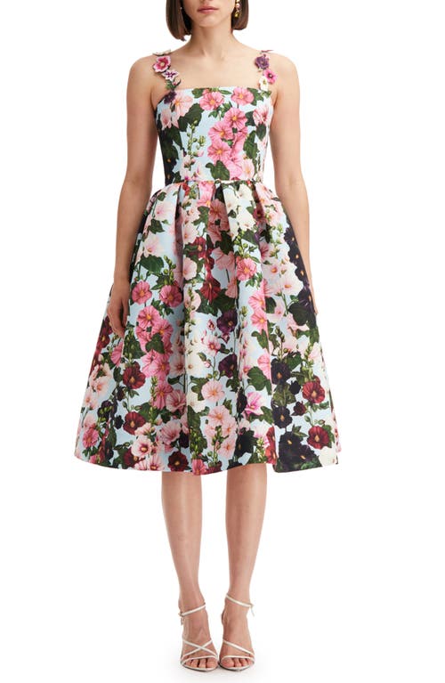 Oscar de la Renta Hollyhock Print Faille Fit & Flare Dress in Pink/Pale Blue at Nordstrom, Size 2