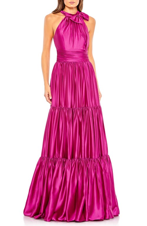 Mac Duggal Bow Detail Tiered Satin A-Line Gown Fuchsia at Nordstrom,