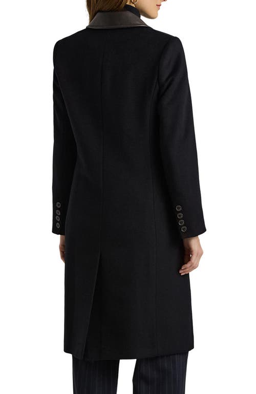 Ralph Lauren Lauren  Faux Leather Trim Double Breasted Wool Blend Reefer Coat In Regal Navy