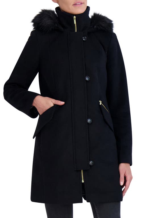 Slick Wool Blend Parka with Removable Faux Fur Trim in Black