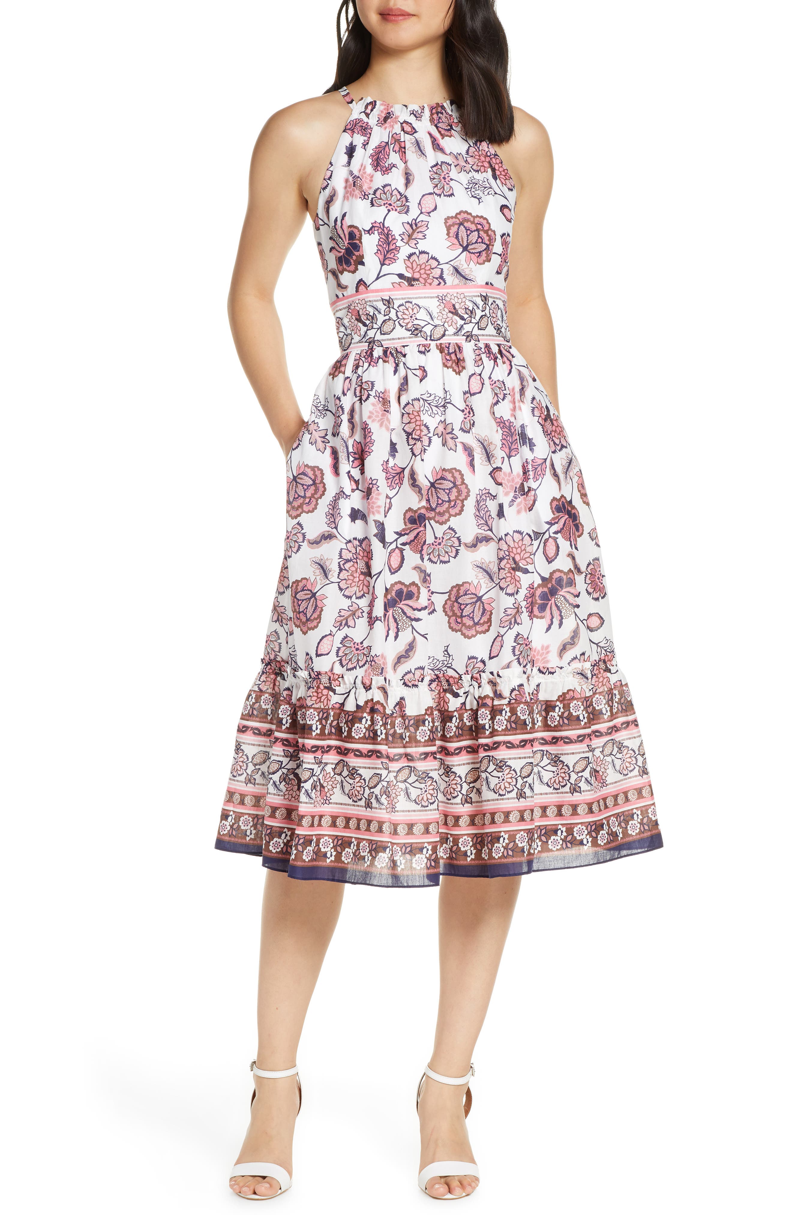 Petite Eliza J Floral Print Halter Cotton Midi Dress, Ivory