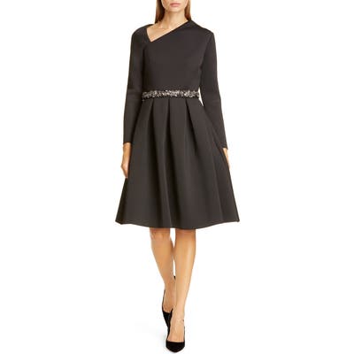 Badgley Mischka Asymmetrical Neckline Fit & Flare Scuba Dress, Black