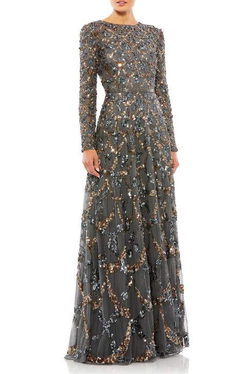 Beaded Long Sleeve A-Line Gown