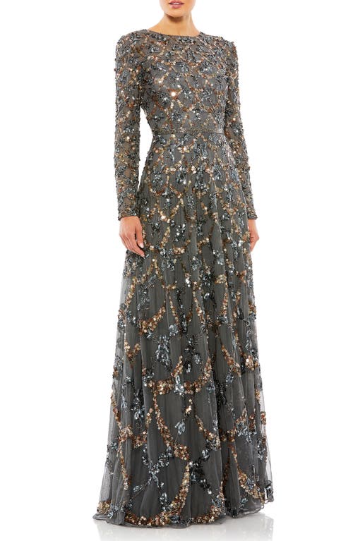 Mac Duggal Beaded Long Sleeve A-Line Gown Charcoal at Nordstrom,