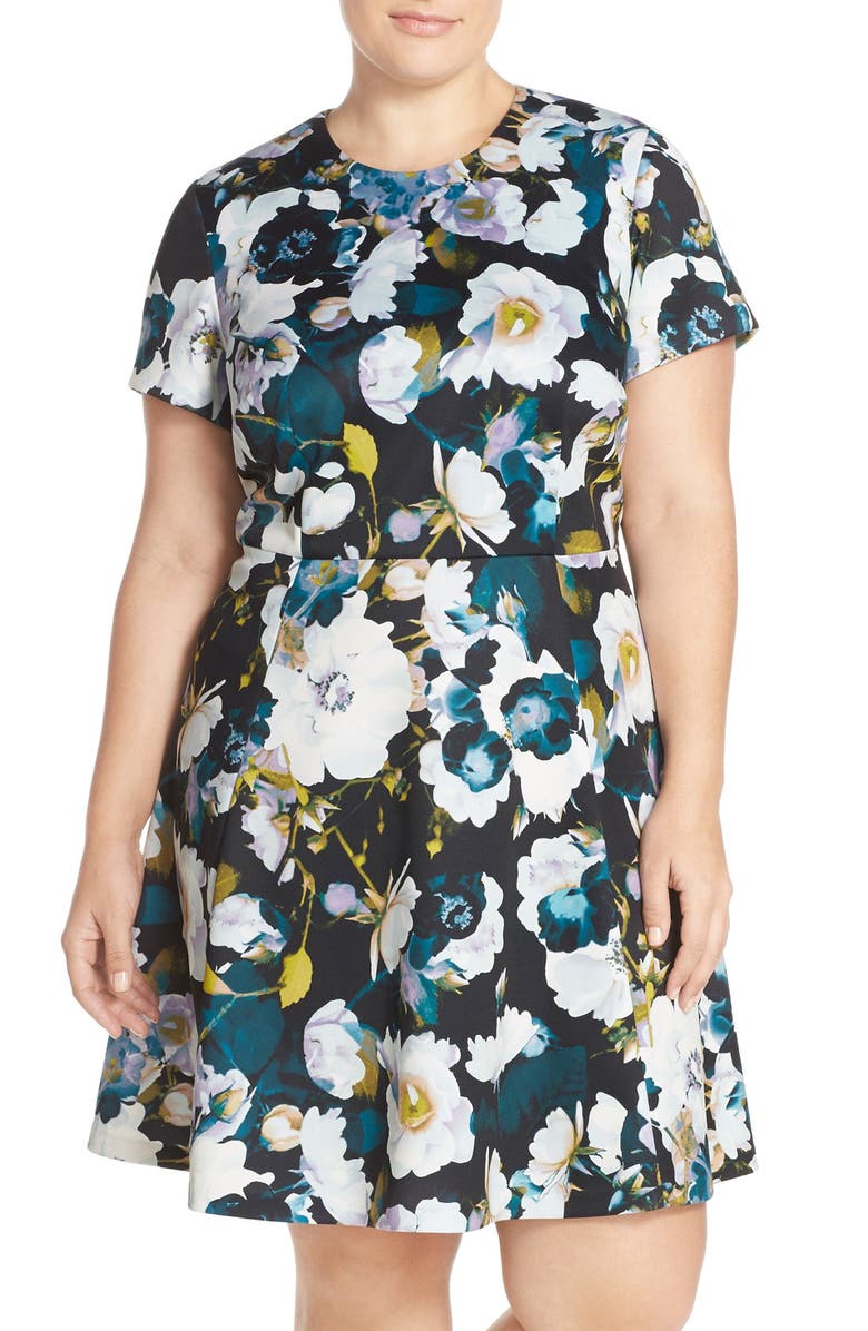 Eliza J Floral Ponte Fit & Flare Dress (Plus Size) | Nordstrom