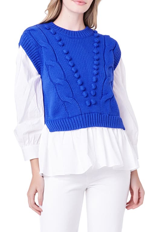 Shop English Factory Mixed Media Cable Stitch Sweater In Cobalt Blue/white