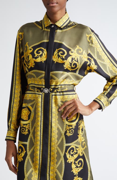 Shop Versace Barocco Print Long Sleeve Silk Satin Midi Shirtdress In Black Dark Olive Gold