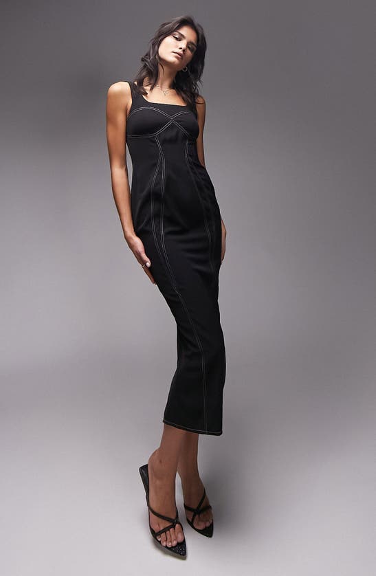 Shop Topshop Fishtail Topstitch Midi Dress In Black