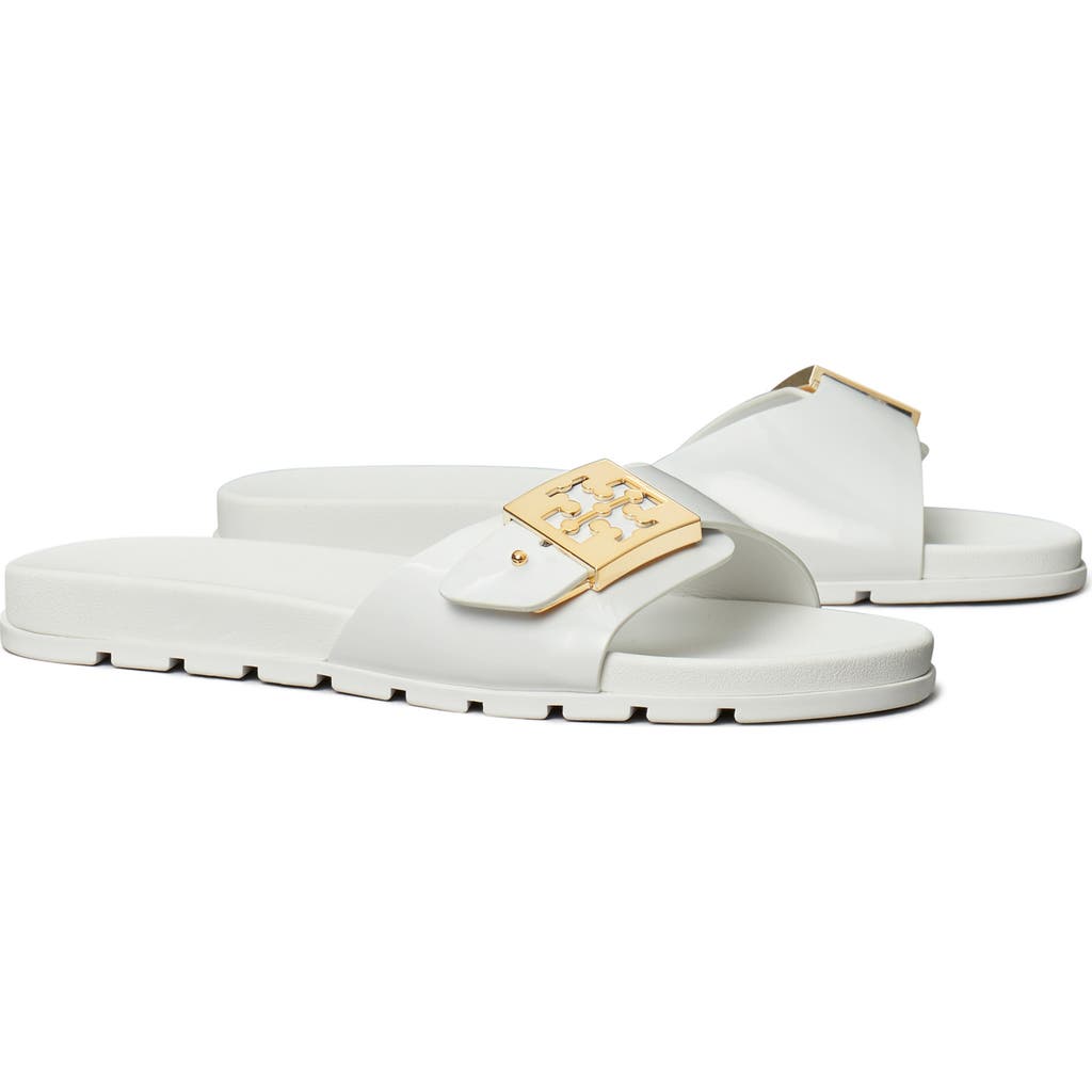 Tory Burch Patent Synthetic Leather Buckle Slide In White