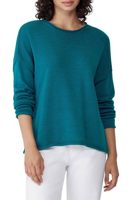 Eileen Fisher Boxy Rolled Edge Sweater In Pacific