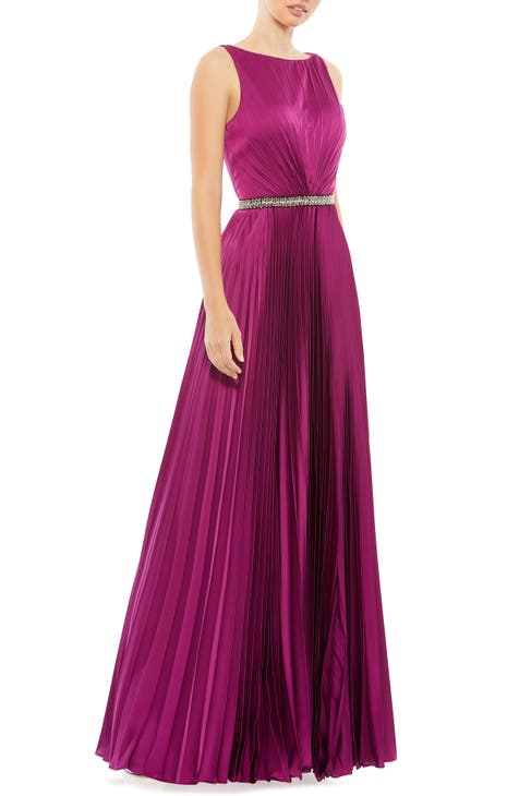 Crystal Pleated Satin A-Line Gown
