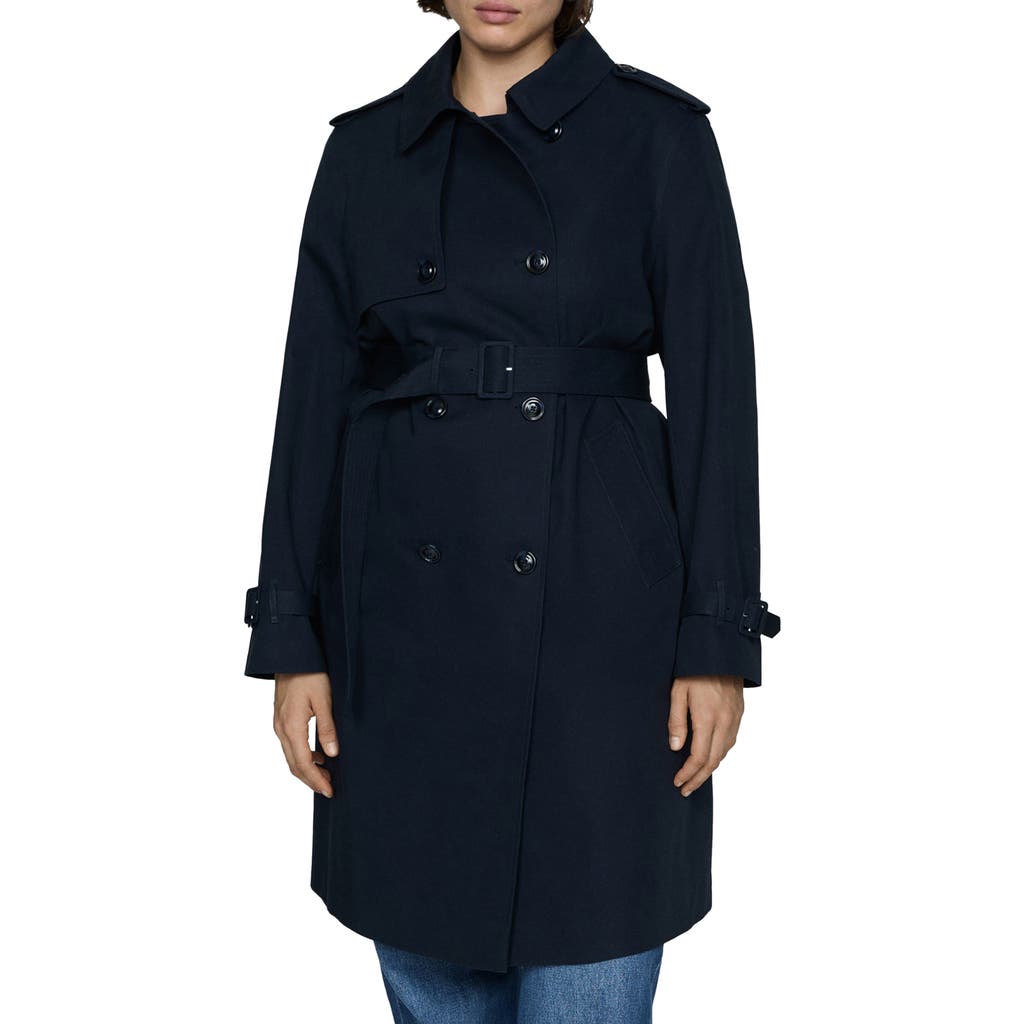 Mango Classic Double Breasted Water Repellent Cotton Trench Coat In Dark Navy