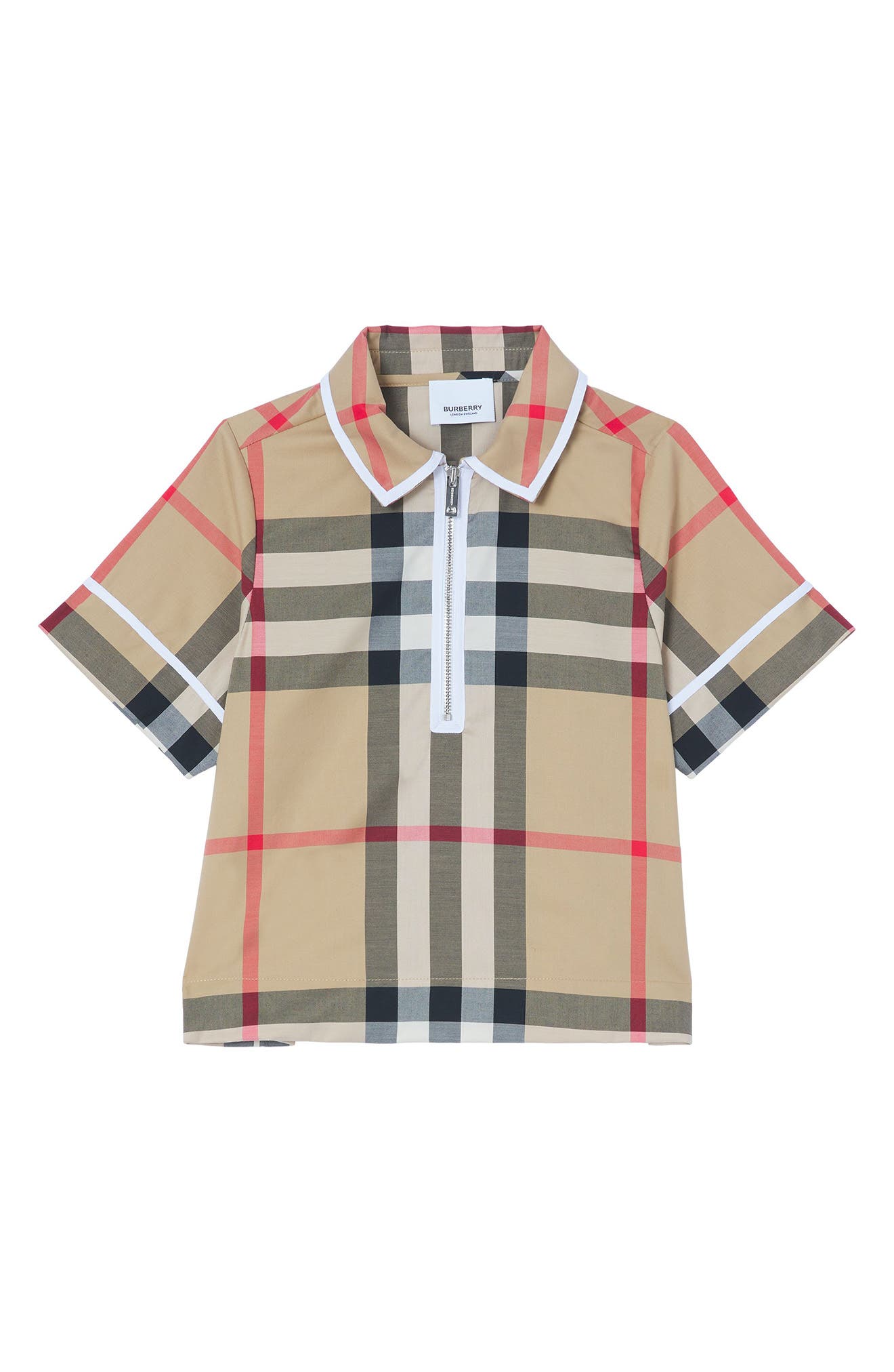 Burberry Kids' Thalia Check Stretch Cotton Zip Shirt in Archive Beige Ip Chk at Nordstrom, Size 4Y Us