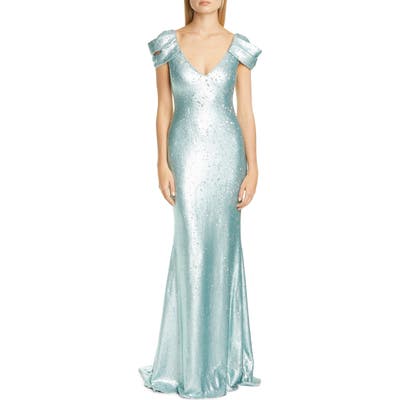 Badgley Mischka Drape Sleeve Sequin Trumpet Gown, Blue
