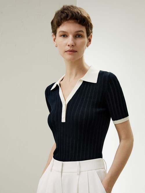 Shop Lilysilk V Neck Ribbed Silk Knit Top In Navy Blue