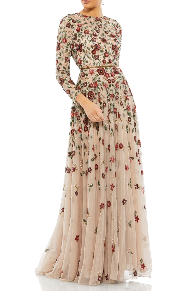 Mac Duggal Floral Sequin Long Sleeve A-Line Gown | Nordstrom