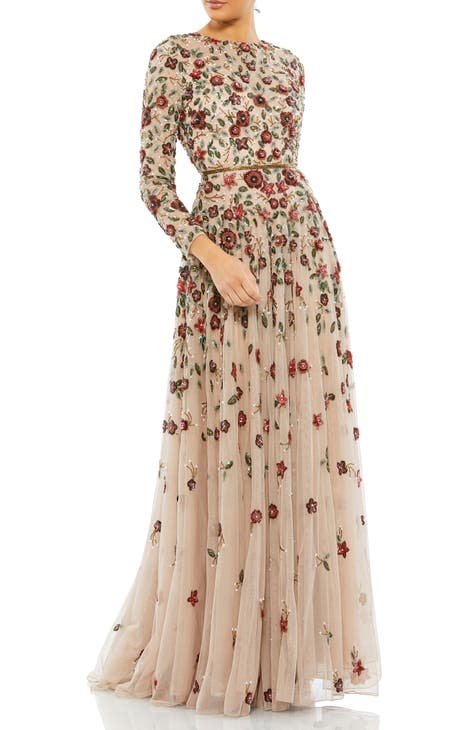 Floral Sequin Long Sleeve A-Line Gown