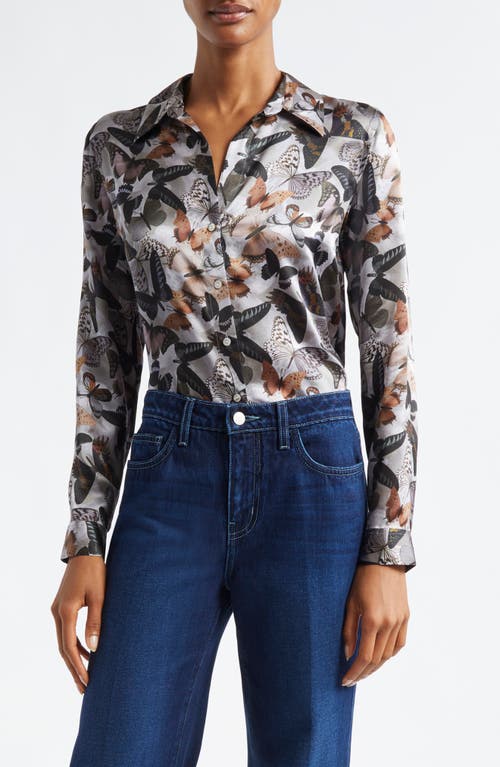 Shop L Agence L'agence Tyler Butterfly Print Silk Button-up Shirt In Multi Dark Butterfly