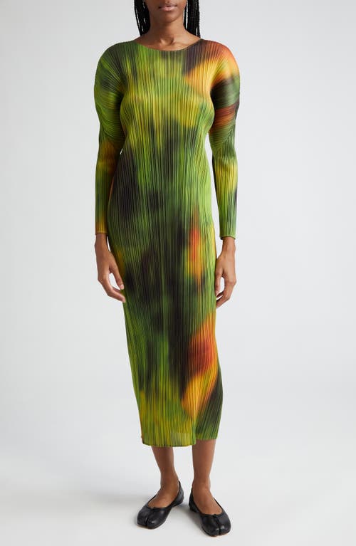 Pleats Please Issey Miyake Abstract Print Pleated Long Sleeve Dress Spinach at Nordstrom,