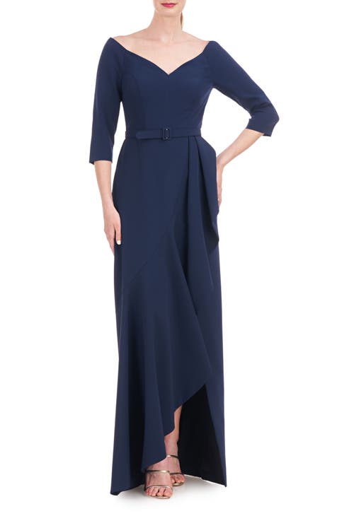 Kay Unger Greyson Pleated-Sleeve Crepe Midi Dress Navy Womens Size 4