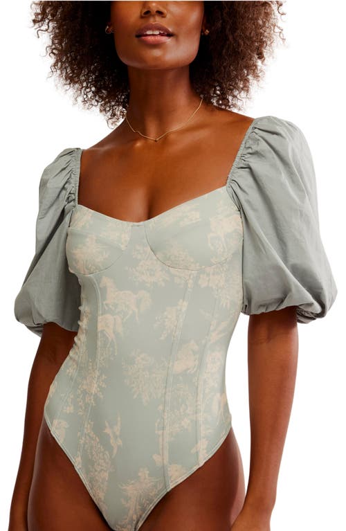 Shop Free People Prarie Rose Puff Sleeve Bodysuit In Sage Combo