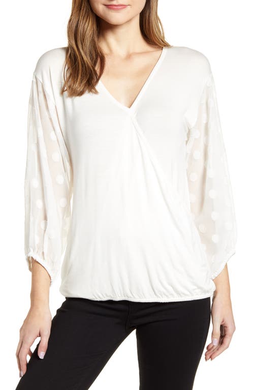 Loveappella Dot Chiffon Sleeve Faux Wrap Top in Ivory