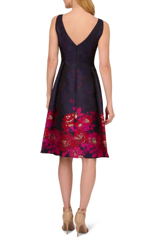 Shop Adrianna Papell Border Jacquard Pleated Sleeveless Fit & Flare Dress In Navy/pink Multi